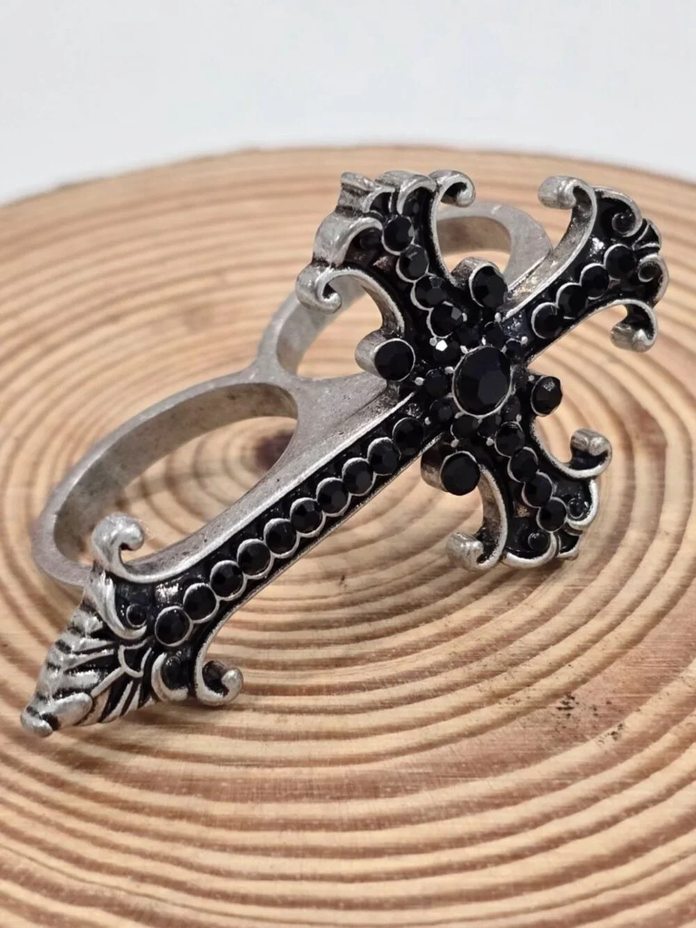 Killstar ✦ Mea Culpa Gothic Cross Ring ✦ Silver Black Crystal Double Band 9 NIP